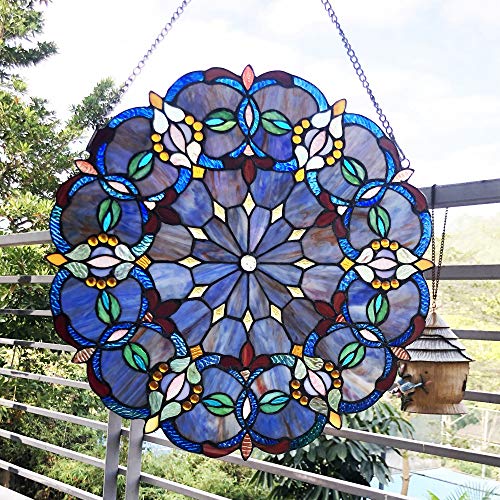 Benjara CH1P115BV20-GPN Alisa Tiffany-Style Victorian Stained-Glass Window Panel 20" Height, Blue and Purple