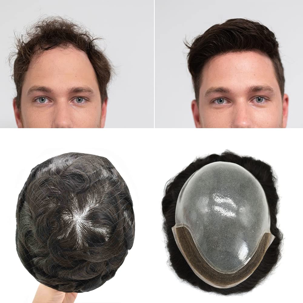 Full Poly Men's Toupee French Lace Front Natural Hairline With Bleached Knots Invisible PU All Transparent Clear Poly Men's Hair Systems Hand Tied Freestyle Non Surgical Hair Replacement Unit For Balding Men Durable Base Hair Unit For Thinning Hair (8x10, #1b off black -110% light to medium density)
