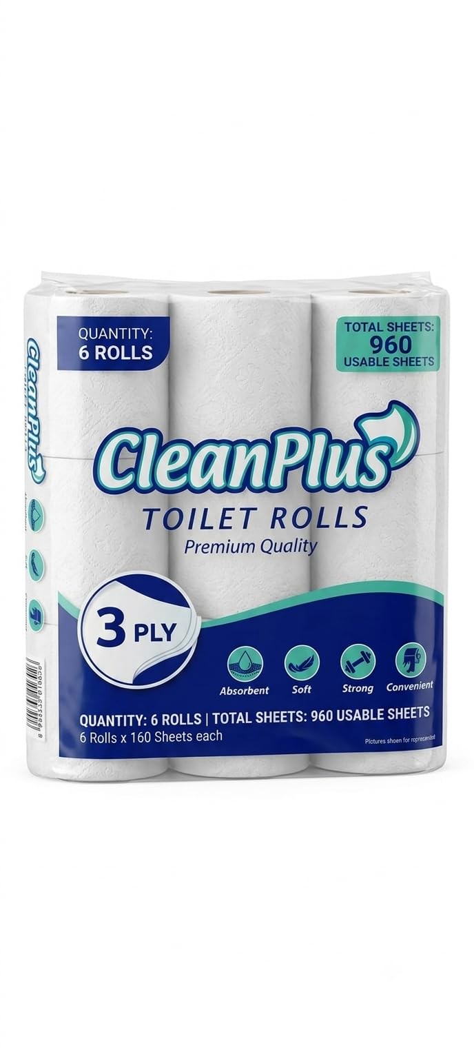 CleanPlus Premium 3 Ply Toilet Rolls | 6 Rolls Pack | 960 Usable Sheets (160 Sheets Per Roll) | Soft, Strong & Highly Absorbent Toilet Tissue Paper | Embossed Bathroom Tissue Roll for Home, Office-image-6