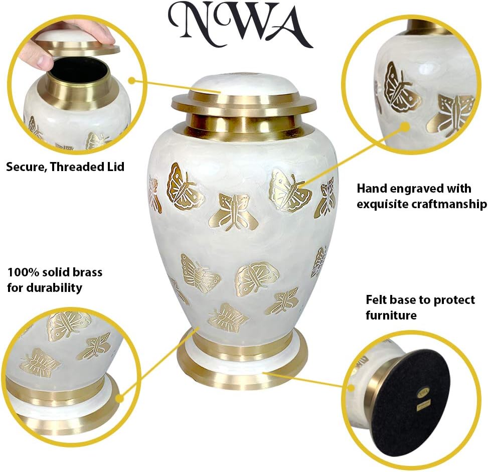 Butterfly Cremation Urn with Personalization, Pearl White and Gold Adult Human Cremation Urn with Matching Keepsake and Velvet Bags