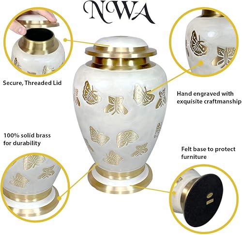 Miniatura 3 de Urna de cremación de mariposa con personalización, blanco perla y oro, urna de cremación humana para adultos con recuerdo a juego y bolsas de