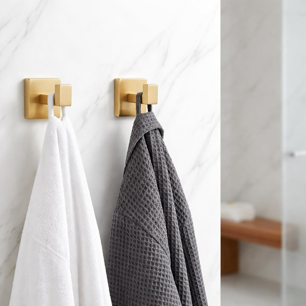 5-Piece Bathroom Hardware Set with 23.6" Double Towel Bar and Toilet Paper Holder Shelf, Wall Mounted Bathroom Accessories, Modern Square Design SUS304 Stainless Steel Solid Metal, Brushed Gold