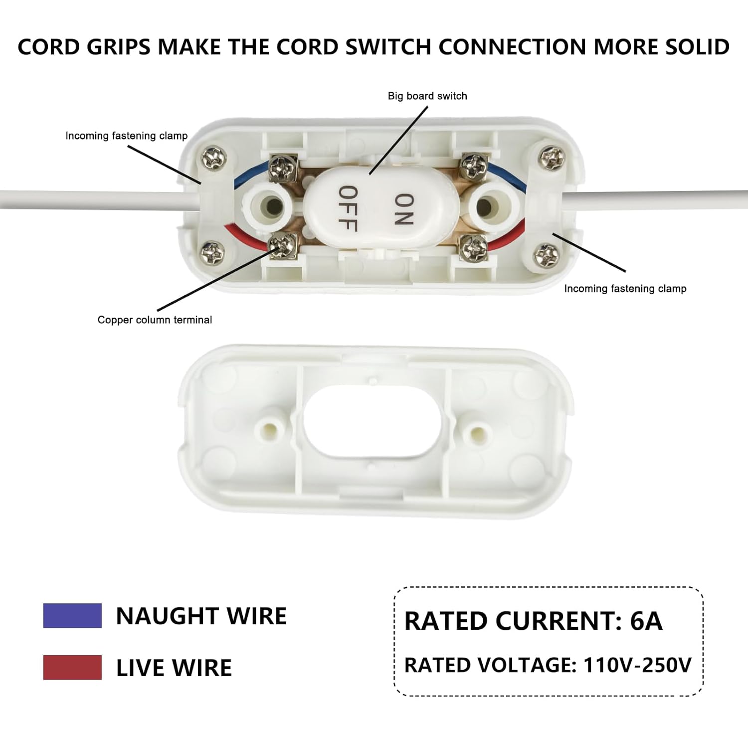 Inline Cord Switch, XGJUCE Lamp Control Appliance Switch Rocker, AC 250V 6A On Off Button Switch, Control Cord Cable Switch, for Appliance Bedroom Table Lamp Desk LED Lights Parts (2 Pcs, White)