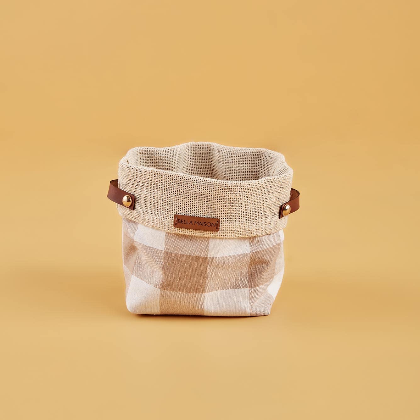 BELLA MAISON Plaid Kareli Jüt ve Duck Kumaş Nonwoven Astarlı Sepet, Bej, 16x13 cm