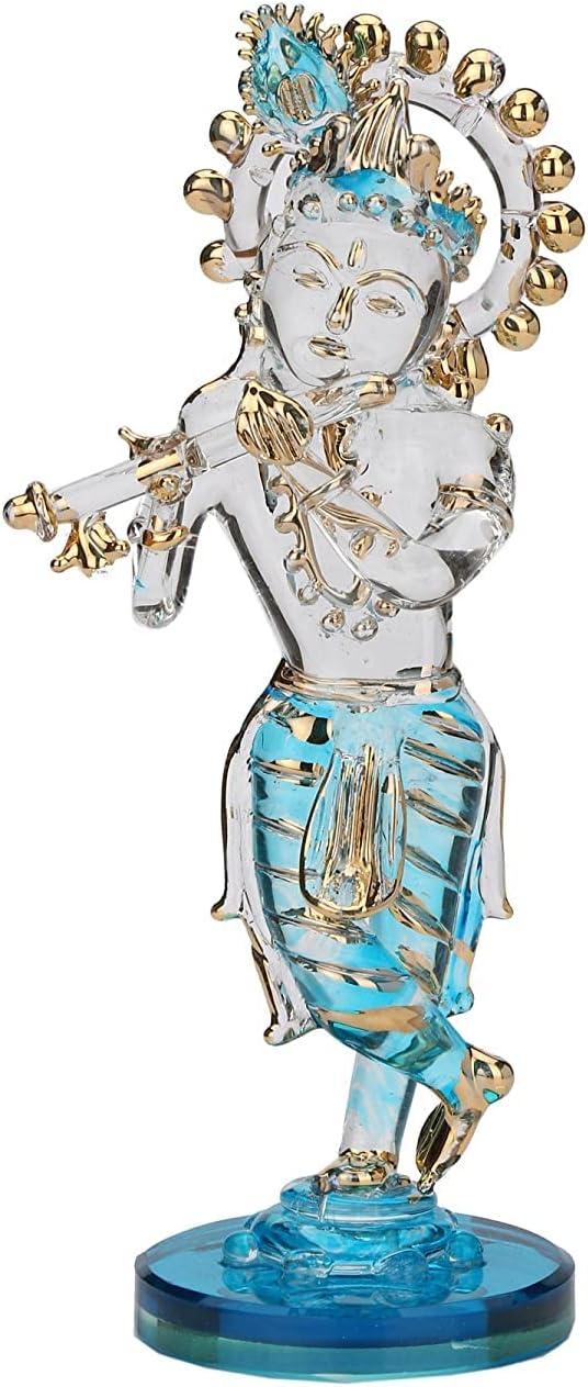 Lord Krishna Playing Flute (Bansuri) Devine Statue (Murti) Idol Shopiece Handmade of Crystal Glass