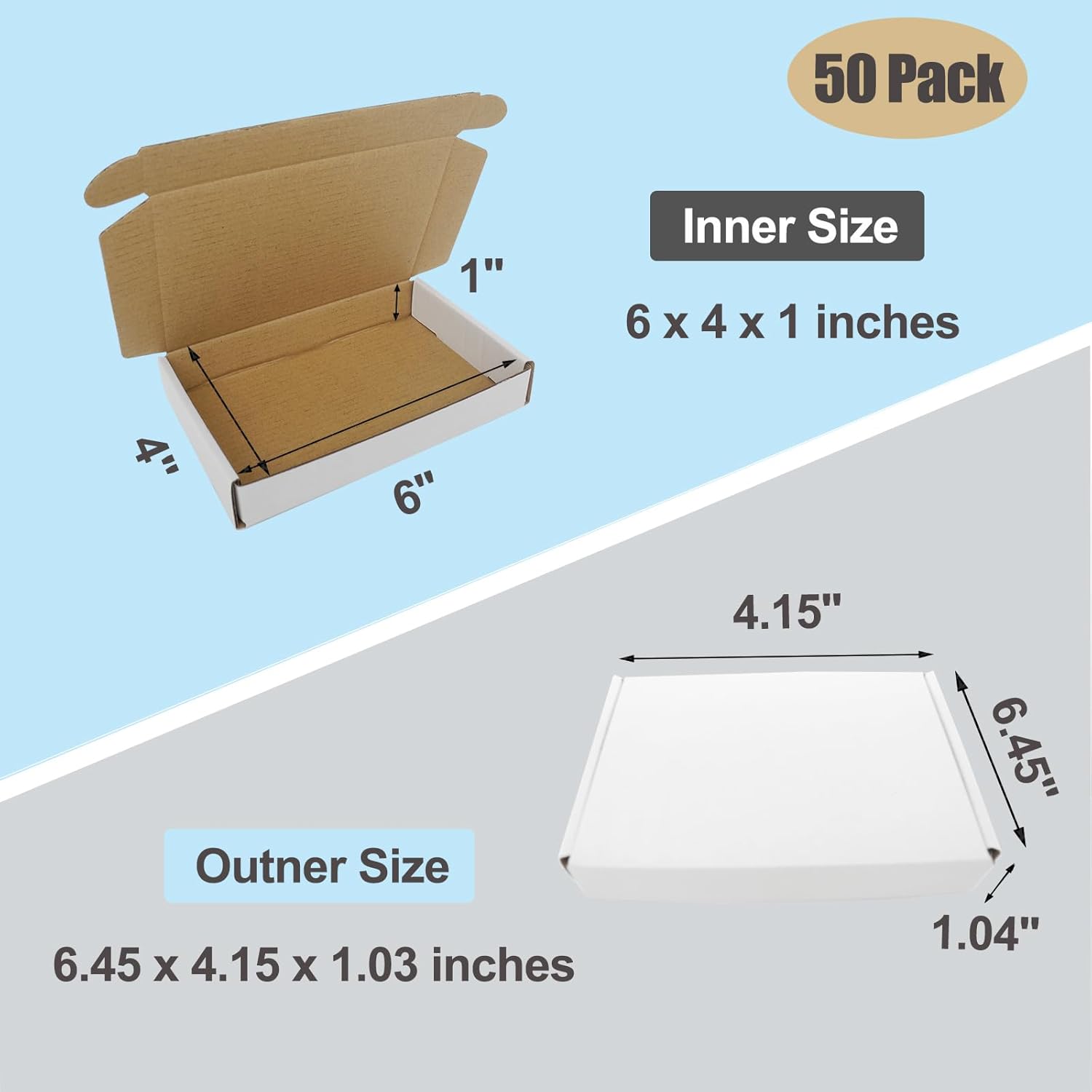 6x4x1 Boxes for Shpping Mailing, 50 Pack Small White Mailer Box Flat Corrugated Cardboard Packaging Gift Boxes Bulk Cheap Literature Mailers for Small Business