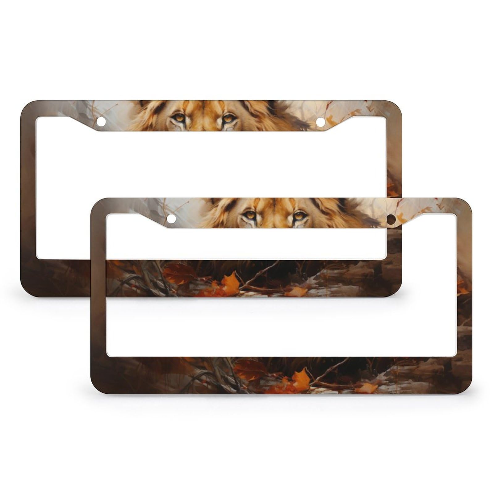 2 PCS Artistic Lion Face License Plate Frame King of Animals Lion Auto Decorative Frames Cars Protector Cover Holder Aluminum 2 Hole for US Standard