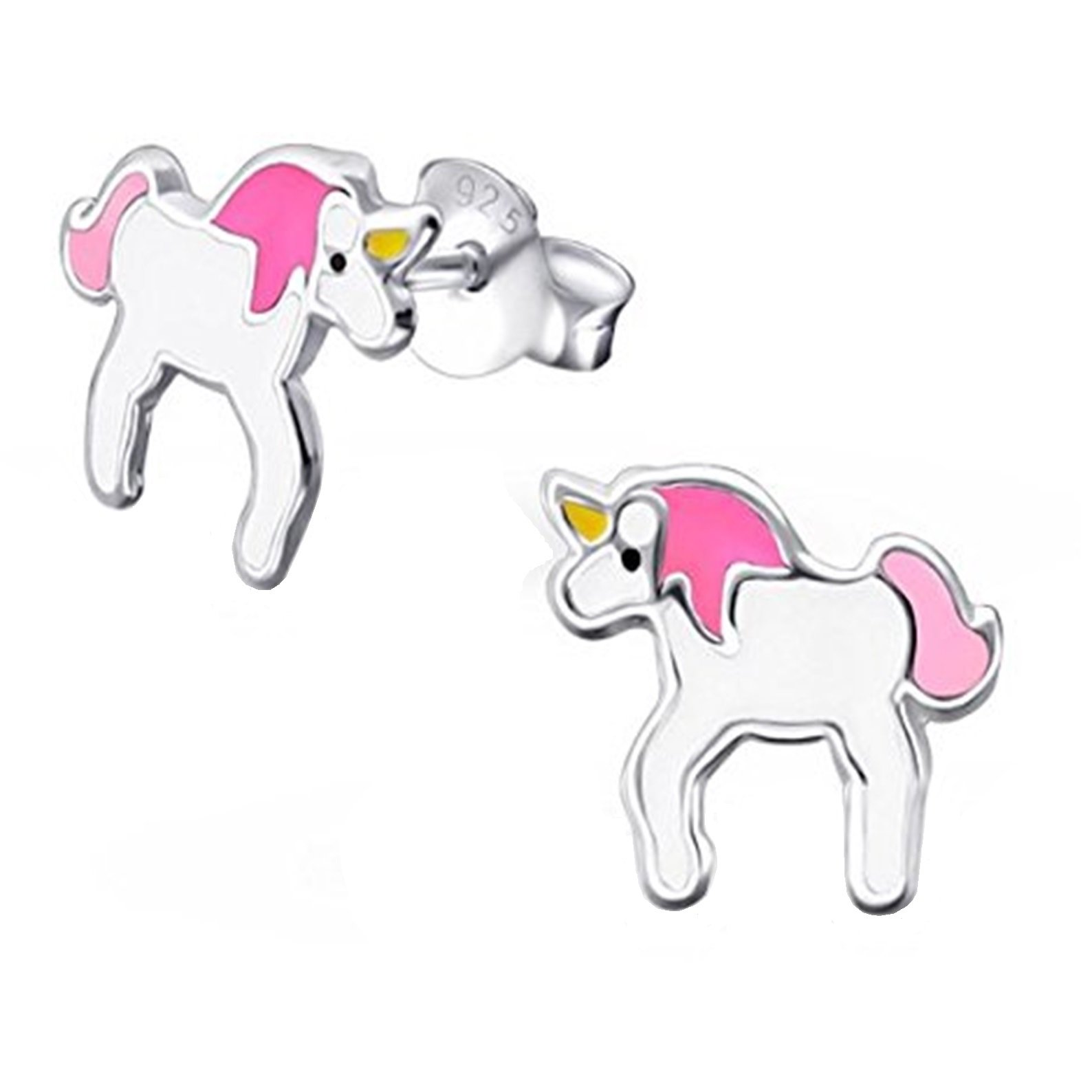 Orecchini A Lobo In Argento 925 A Forma Di Unicorno - Colori Rosa E Bianco, Gioiello Per Bambine In Scatola Regalo