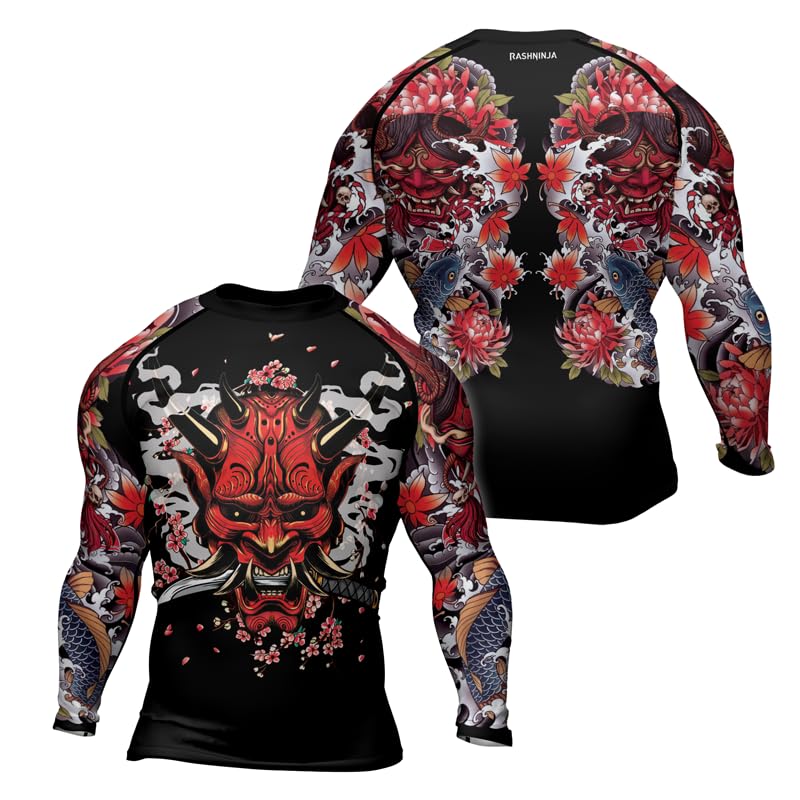 Men's Samurai Long Sleeve Rash Guard for Jiu Jitsu MMA BJJ Grappling - Quick Drying, Fade Resistant Graphics