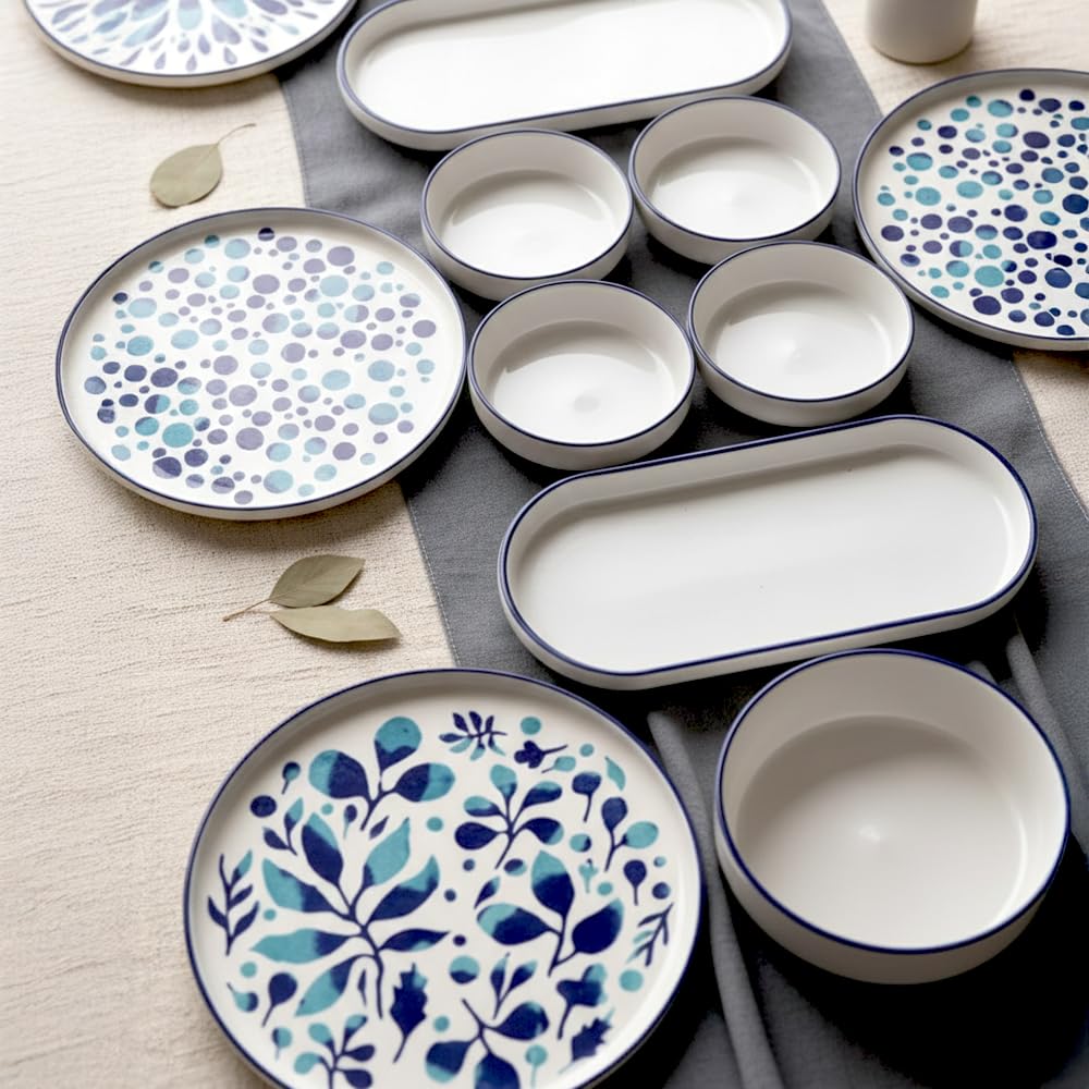 14-częściowy zestaw śniadaniowy dla 6 osób – seria Stackable Blue Ethnic z ceramiki Kütahya – ręcznie wykonany, trwały i można układać w stos – nadaje się do mycia w zmywarce i wysokiej