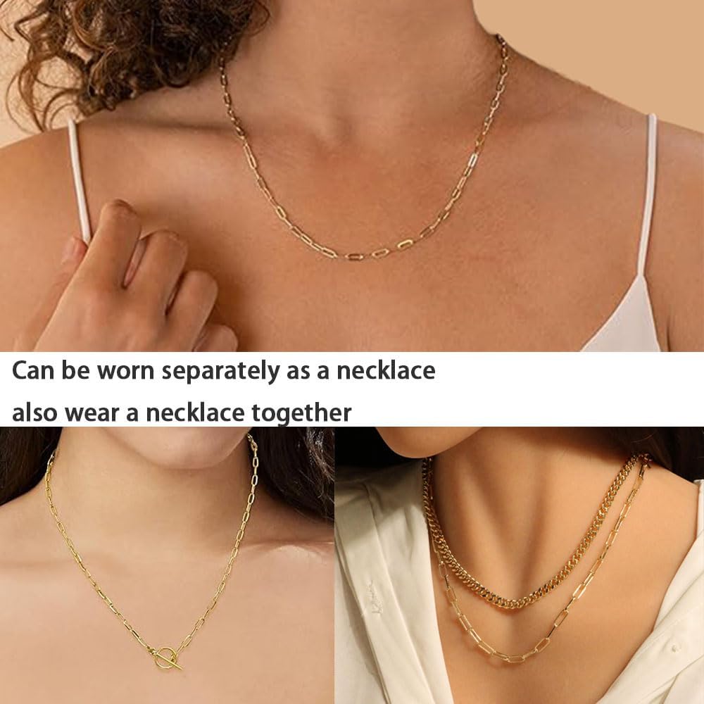 Layered Necklaces for Women Trendy 14K Gold Plated Toggle Necklace Cuban Link Chain Paperclip Chain Stack Necklace Jewelry - Image 5