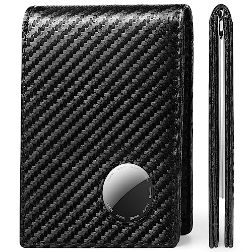 iwantit Airtag Wallet for Men, Genuine Leather Wallet with Stealth Pocket for Airtag,RFID Blocking Wallet with ID Window and Money clip for 14 Cards,Apple Airtag Wallet with Gift Box (Carbon)
