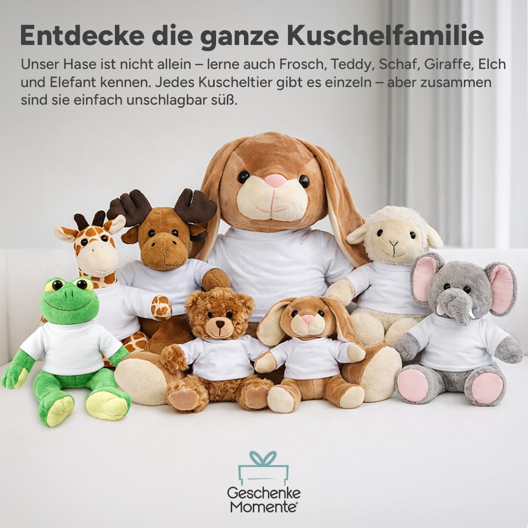 Kuscheltier XXL Hase personalisiert – Flauschiges Plüschtier mit weißem T-Shirt zum Bedrucken – Weicher Teddybär für Babys & Kinder – Geschenk zur Geburt & Geburtstag, extra groß, Sitzhöhe 40cm