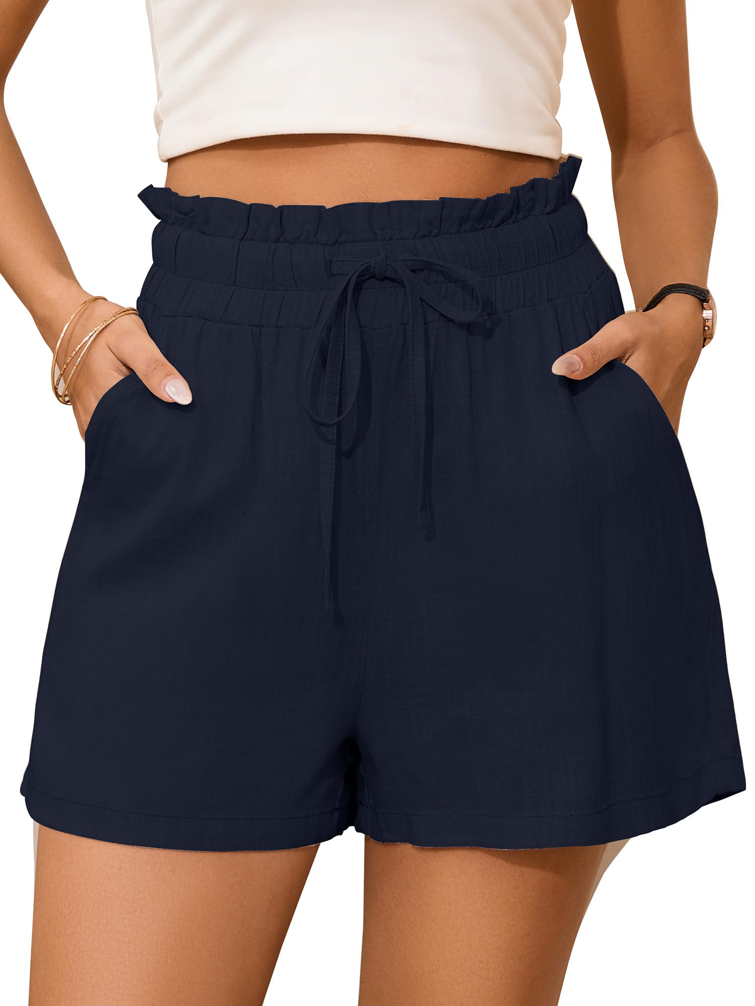 StylSense Kurze Hose Damen Sommer Leinen Musselin Bermuda Shorts Baumwolle High Waist mit Gummizug und Taschen
