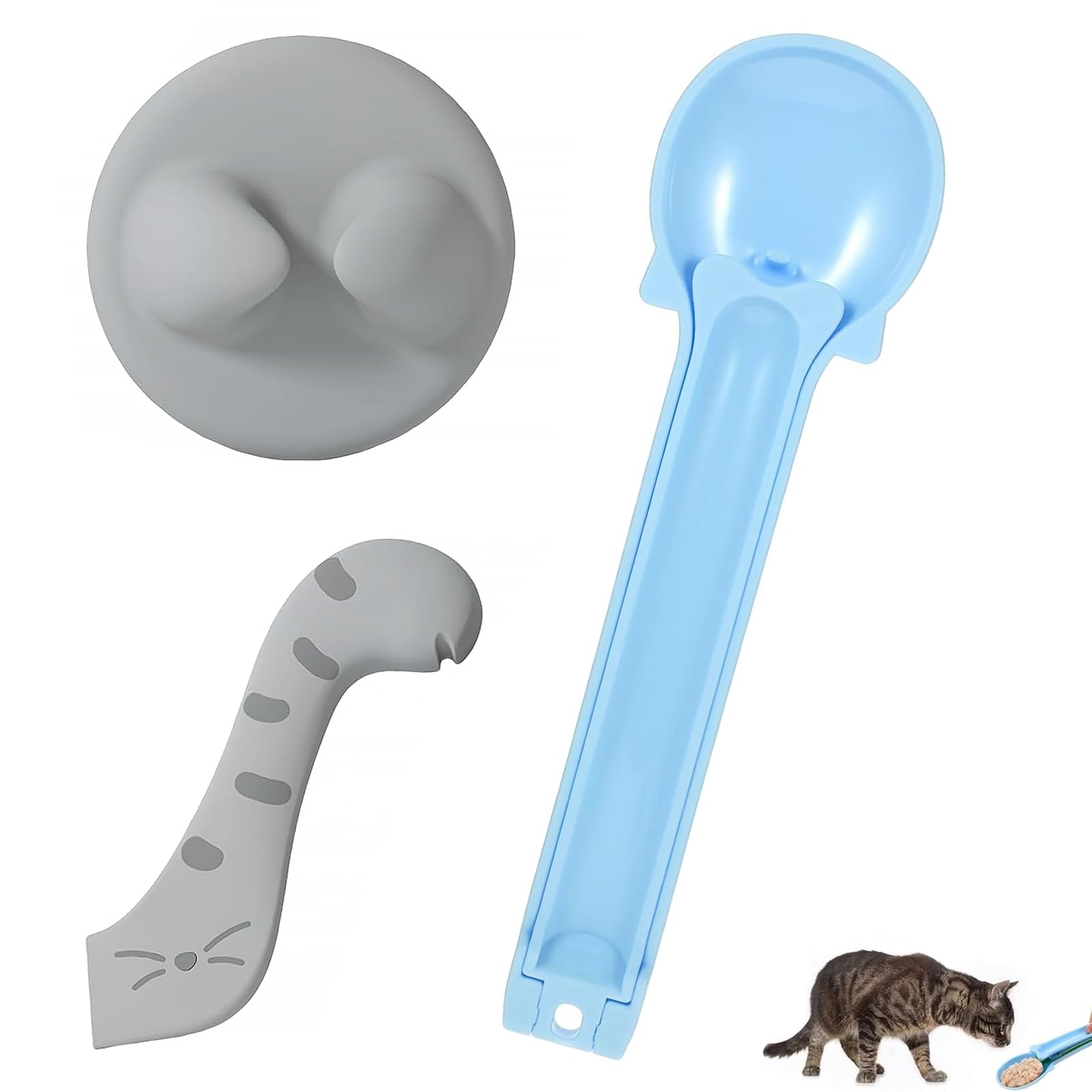 3 Pcs Cat Treat Spoon Set with Can Lids & Opener – Multifunctional Food Squeezer & Feeder for Wet Food, Bisque Bars, Universal Dog & Cat Can Covers for Portion Control and Freshness