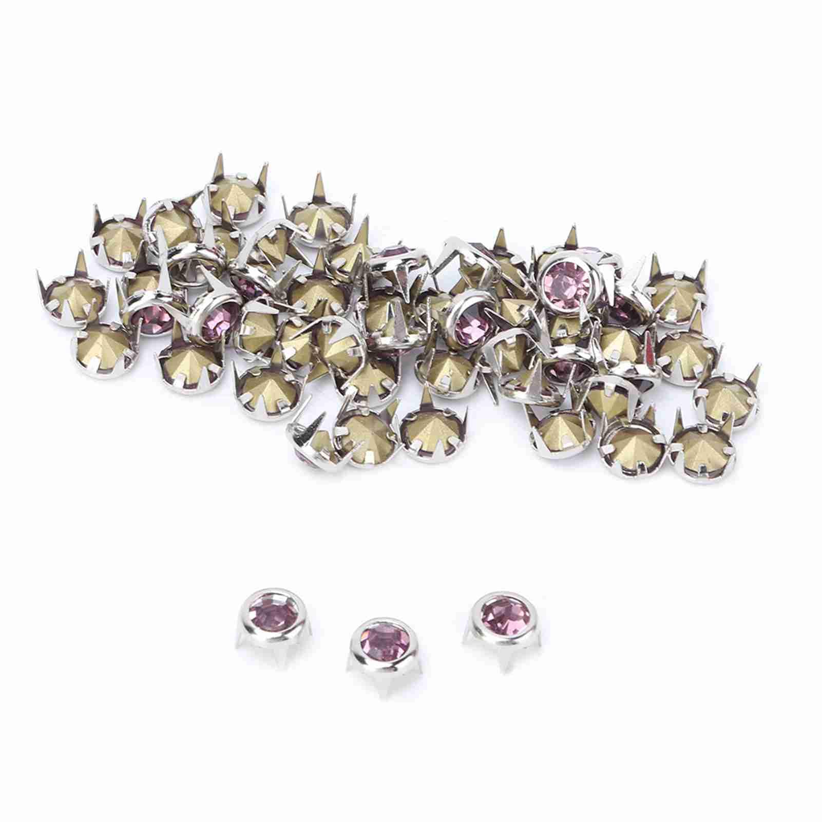 Grade A Crystal Rhodolite Decoration Set Shiny Solid Copper Claw Set with 50 Colorful Color Changing Crafted Gemstones (7mm Silver-Edged Pink Diamond with Pointed Base)