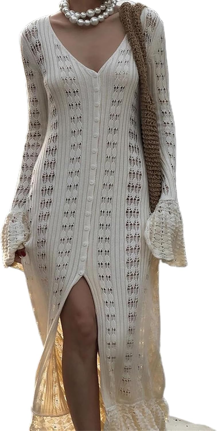 Muineobuka Womens Long Crochet Cardigan Sweaters Knit Ruffle Hollow Out Bell Sleeve Floor Buttons Down Length Dress