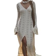 Muineobuka Womens Long Crochet Cardigan Sweaters Knit Ruffle Hollow Out Bell Sleeve Floor Buttons Down Length Dress