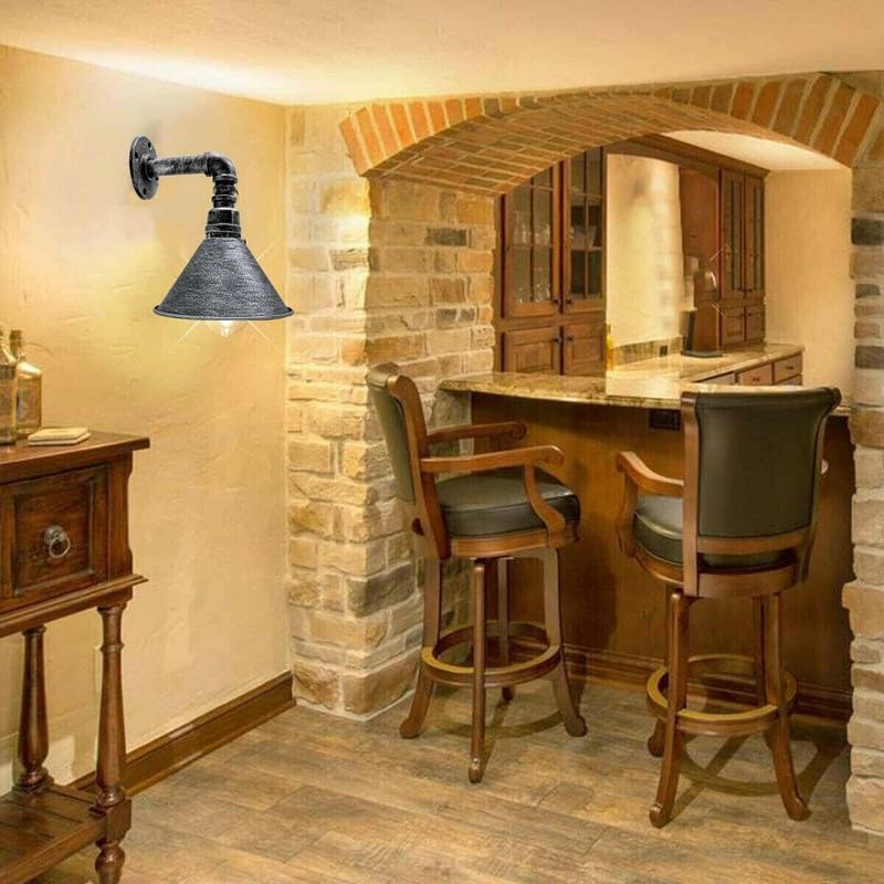 LEDSone Industrial Vintage Water Pipe Wall Light Conical Metal Lampshade in Brushed Silver with E27 Socket Steampunk Sconces Ideal for Farmhouse Bedroom Decoration Fixtures - Image 3