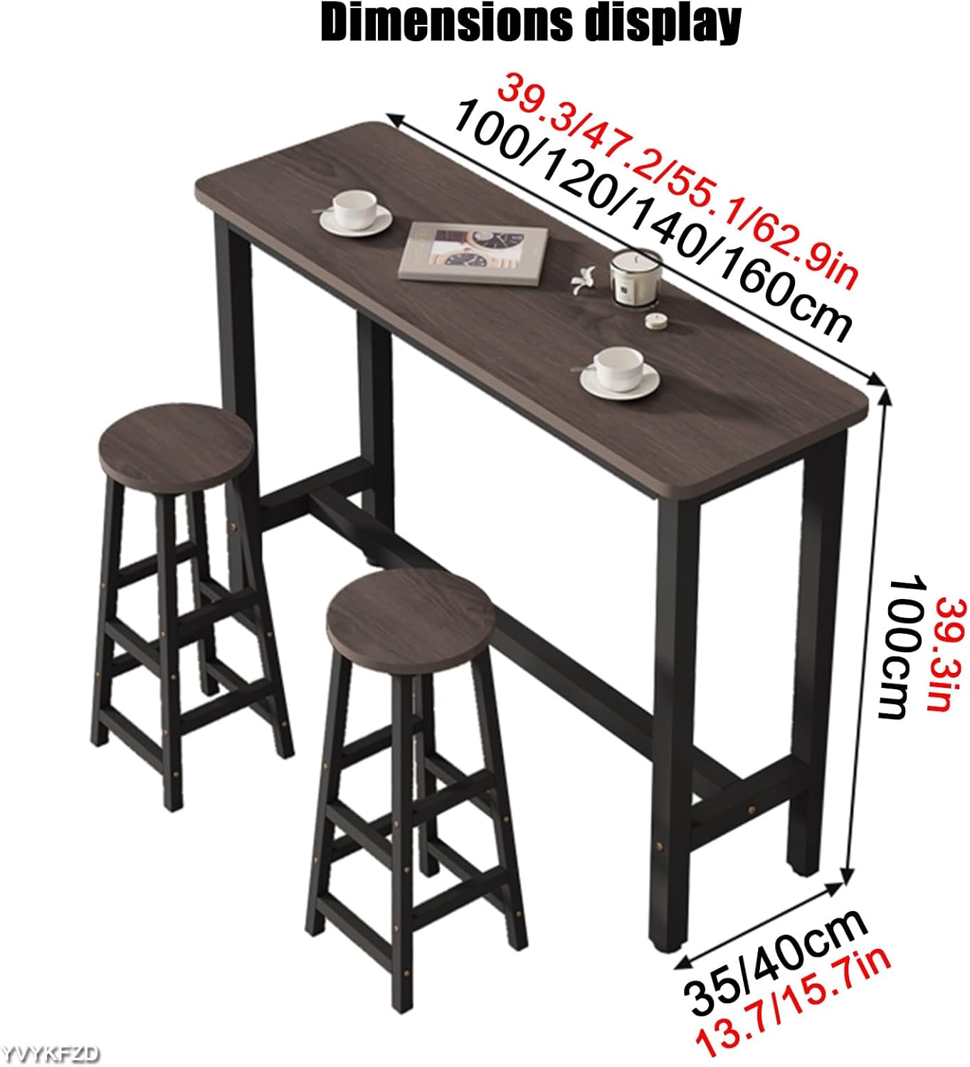 YVYKFZD Home Bar Table, Rectangle Bar Height Table, Industrial Dining Table with Metal Trestle Base, Narrow Farmhouse Breakfast Table Bistro Table, Table Only(Light Walnut,39.3"x15.7"x39.3")