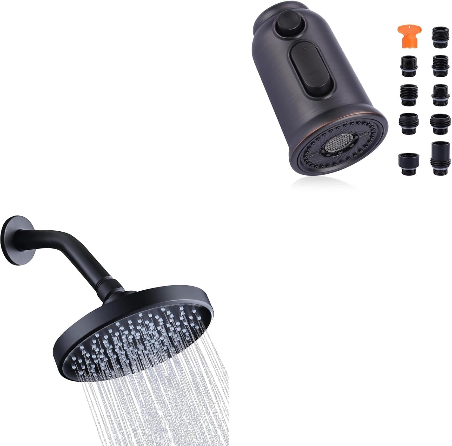 Kitchen Faucet Head Replacement + High Pressure Rain Shower Head Bundle, 3-Function Kitchen Faucet Spray Head with 9 Adapter Kit, with 6 Inch 1.8GPM Fixed Luxury Bathroom Showerhead