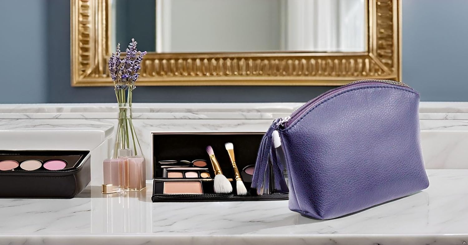 Zipper Cosmetic Bag made from Real Leather and Leather Zipper Holder, 15.5 x 11 x 5.5 cm, 16 cm, Blue