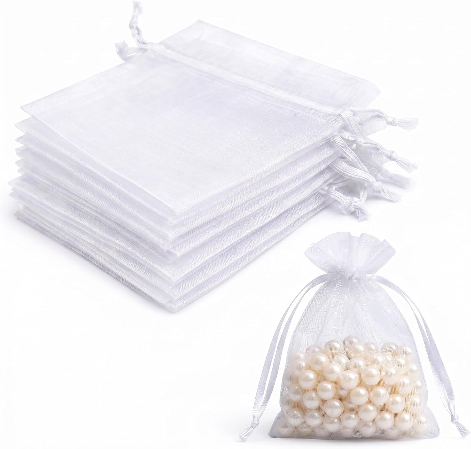 20 Pcs White Organza Bags, 10x15cm Small Gift Favour Bags with Drawstring, Sheer Mesh Candy Pouches Jewellery Bags for Wedding Favours, Birthday, Christmas, Party Supplies