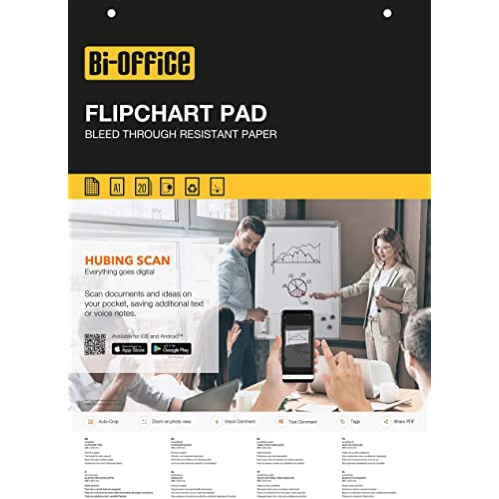 Bi-Office Bloc de papel para Pizarra Rotafolios, A1, Cuadriculado, 20 Hojas por Bloc, con perforación, 55 g/m², Paquete de 5 Bloques