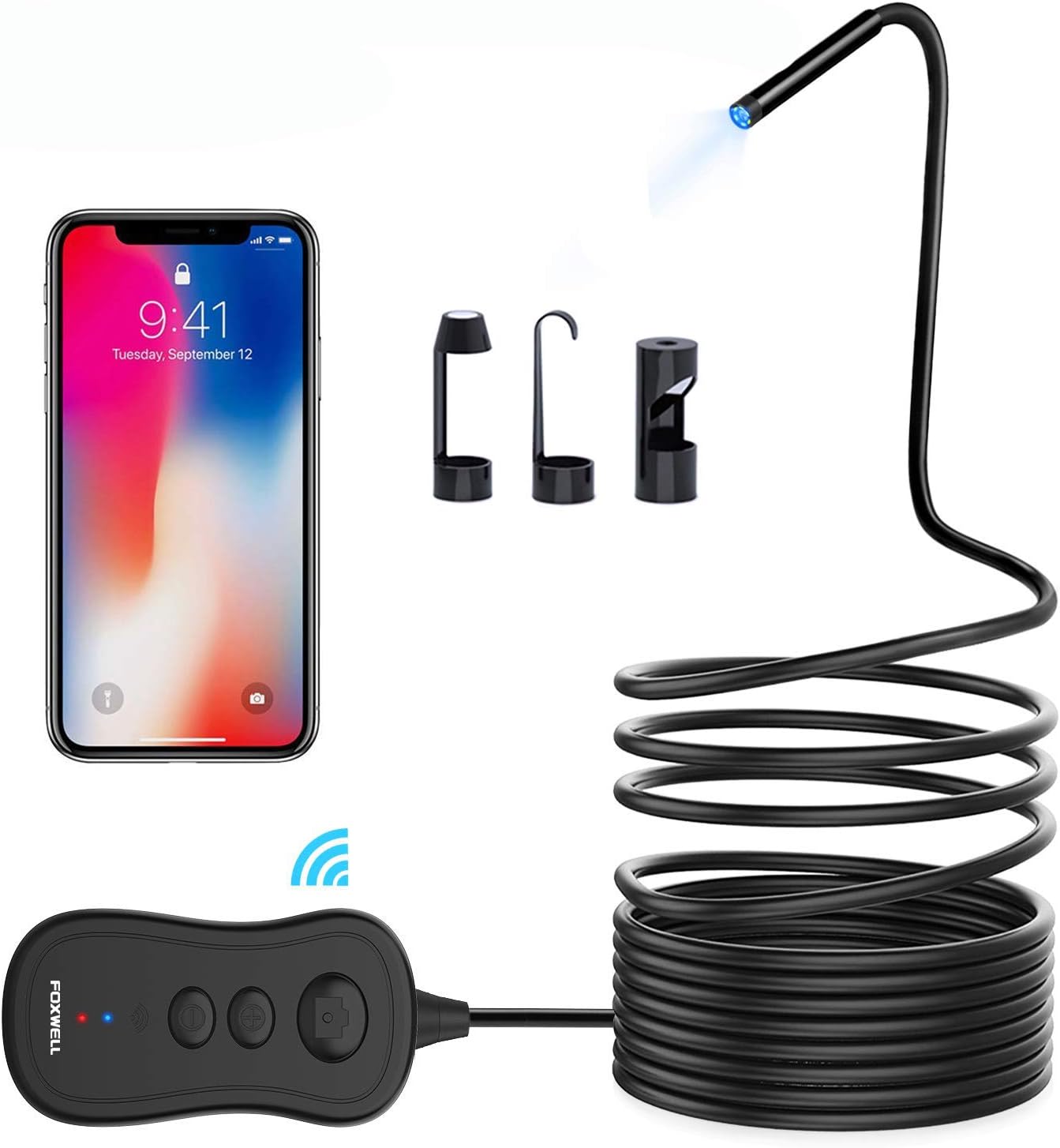 FOXWELL Wireless Endoscope, WiFi Borescope Inspection Camera with 5.5mm Lens, 1080P HD Waterproof Snake Camera for Android, iPhone - 16.5FT