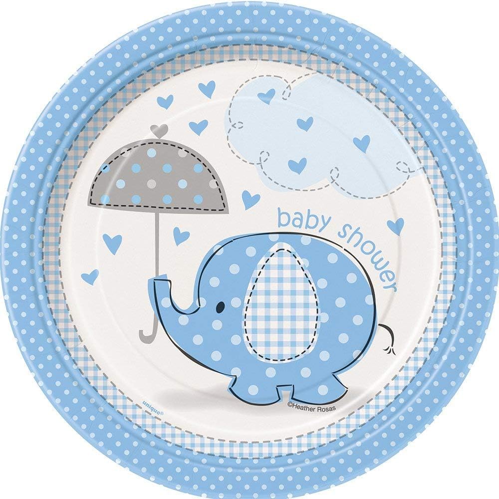 18cm Blue Elephant Baby Shower Party Plates, Pack of 8