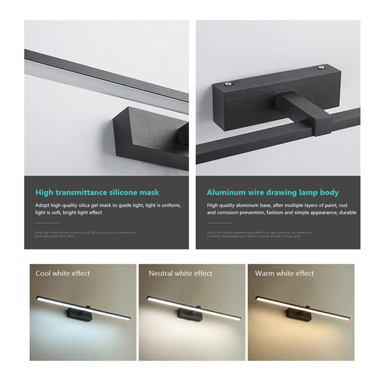 Nowoczesna lampa ścienna LED Łazienka Hardwares Kinkiet Trzy kolory Światła Aluminiowa Led do łazienki Lustro łazienkowe Stabilne OśWietlenie(Warm White 3000k,Black40)