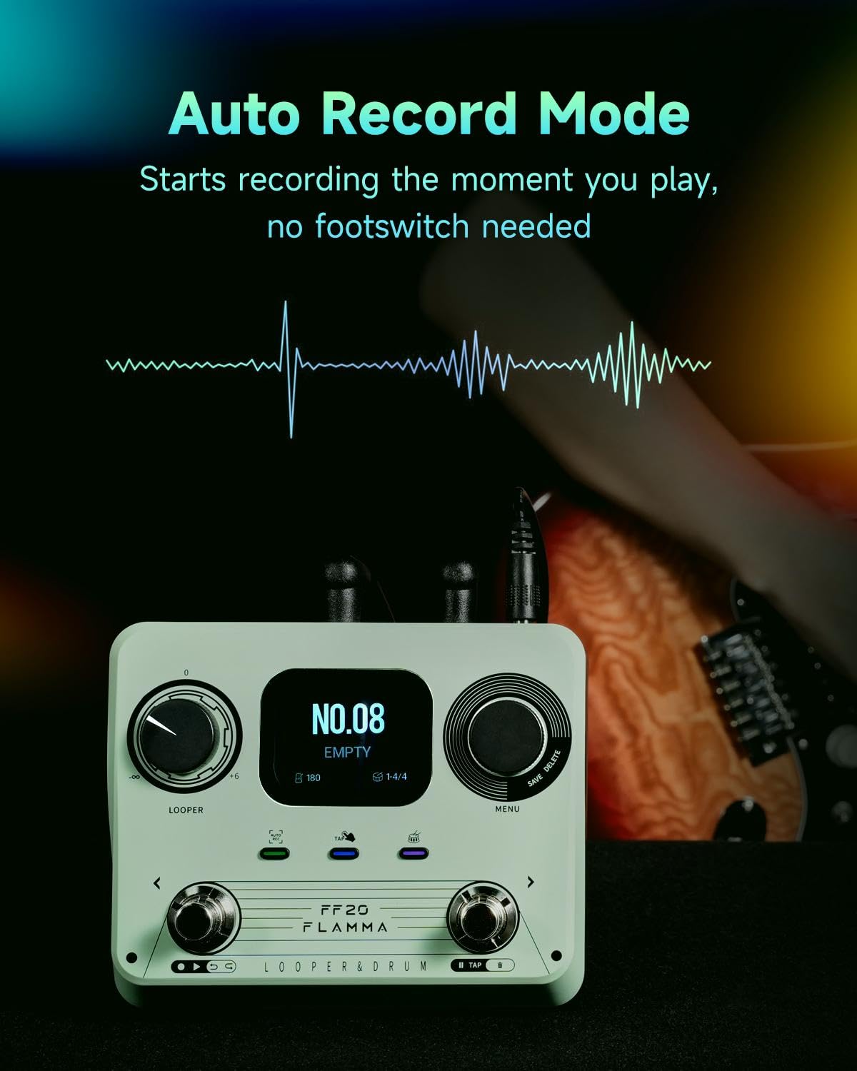 FLAMMA FF20 Looper Drum Machine, Drum Looper Chitarra Pedale con schermo, Registrazione 300 min, 220 scanalature per batteria, 100 slot loop, Time Stretch, registrazione automatica, USB e uscita