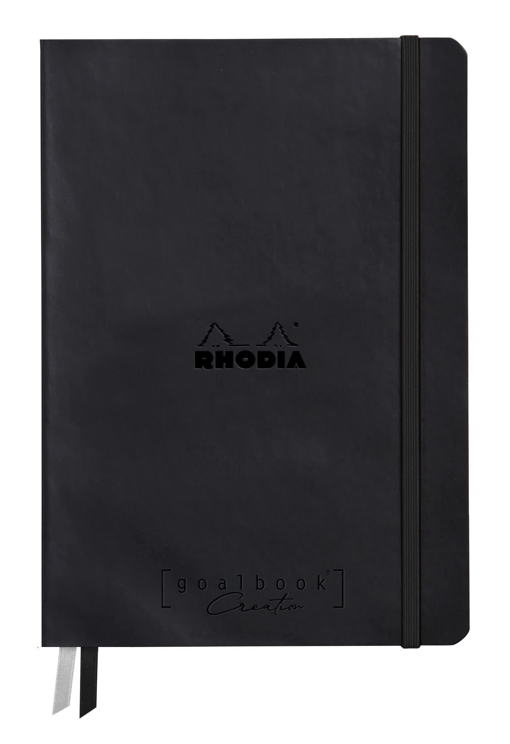 RHODIA 194150C - Bullet Journal Goalbook Creation Rigid Notebook Black - A5 15.5x21x2 cm - 100 pages Clairefontaine Paper Lavis Technique Plain White 200 g/m - 2 Ribbons - Faux Leather Cover