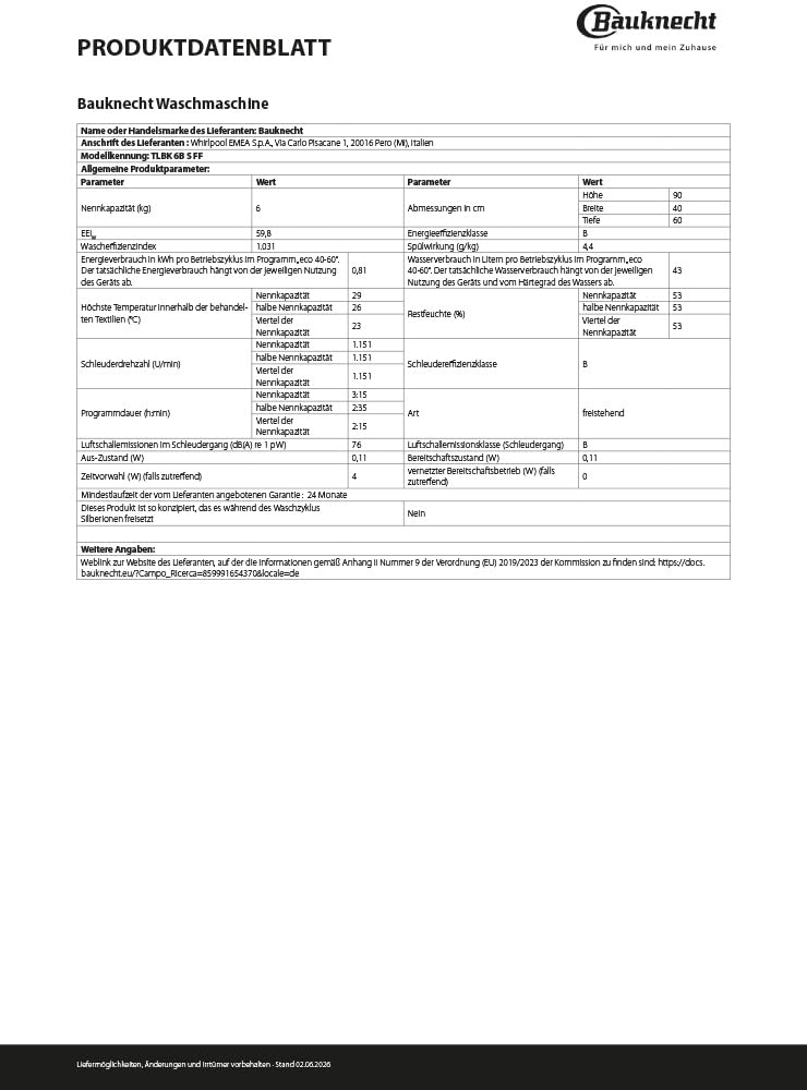 Bauknecht TLBK 6B S FF Waschmaschine, 6 kg, 1200 U/min, Toplader, Antiflecken 20°, FreshFinish Dampffunktion, Aqua Saver, Inverter-Motor, Soft Opening, Weiß