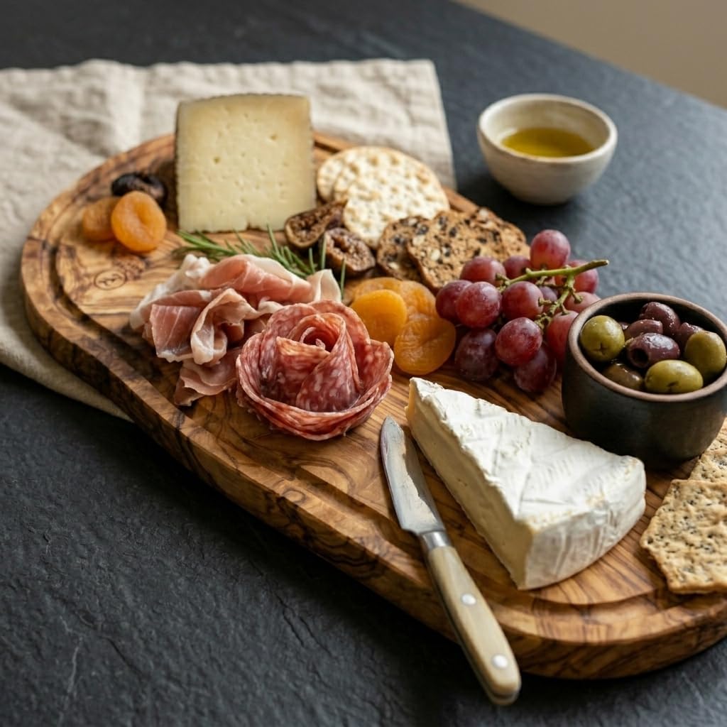 Planche de Présentation Bois d'Olivier Massif | Rainure à Jus & Encoche Épices | Plateau Service Viande Fromage Apéritif 40cm | Live Edge Naturel | Artisanat Tunisien | Maison Zayt - Idée Cadeau