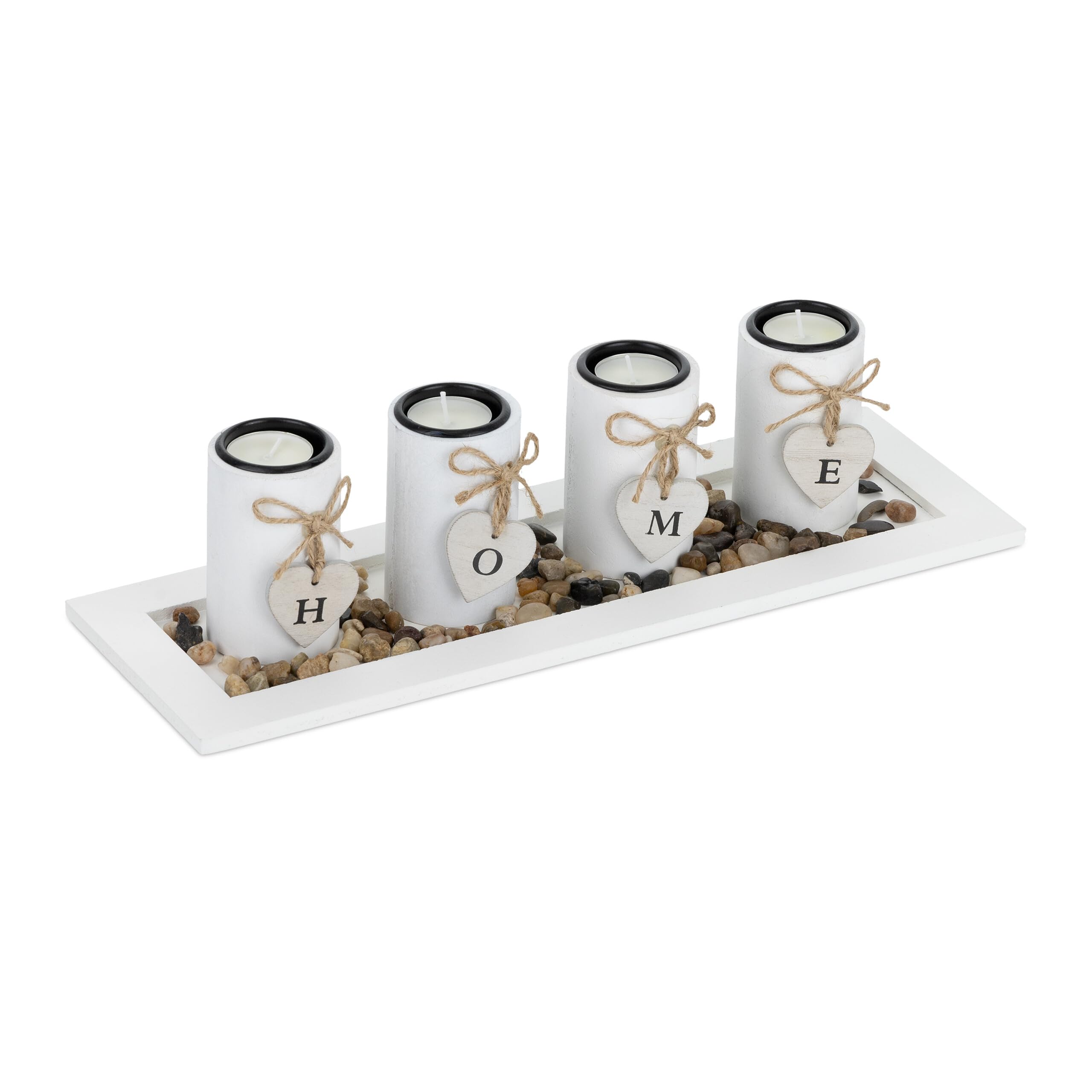 Relaxdays Porte-​Bougies avec Plateau et Pierres décoratives, 39,​5 cm, déco Table Salon, Salle à Manger, bougeoir, Blanc