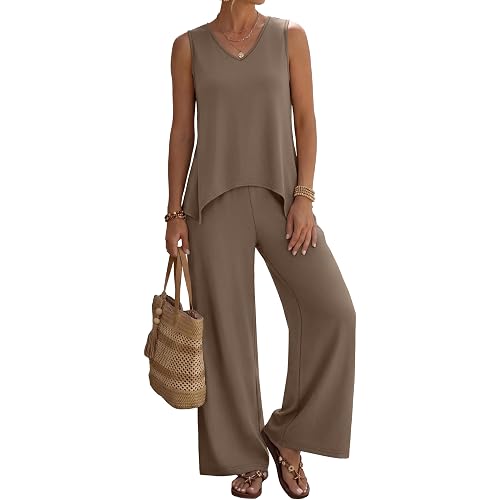 WIHOLL Two Piece Sets for Women Dressy Lounge Sets Summer Outfits Cruise Travel Beach Vacation Casual Wide Leg Pants Set