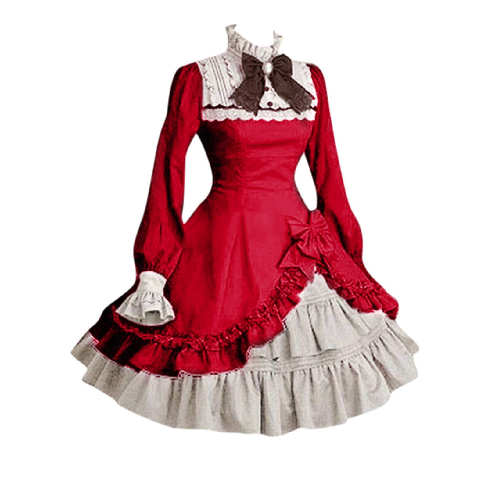 Women Sweet Lolita Dress Victorian Long Sleeve Princess Halloween Cosplay Costumes Lace Layers Maid Dresses(Red,3X-Large)