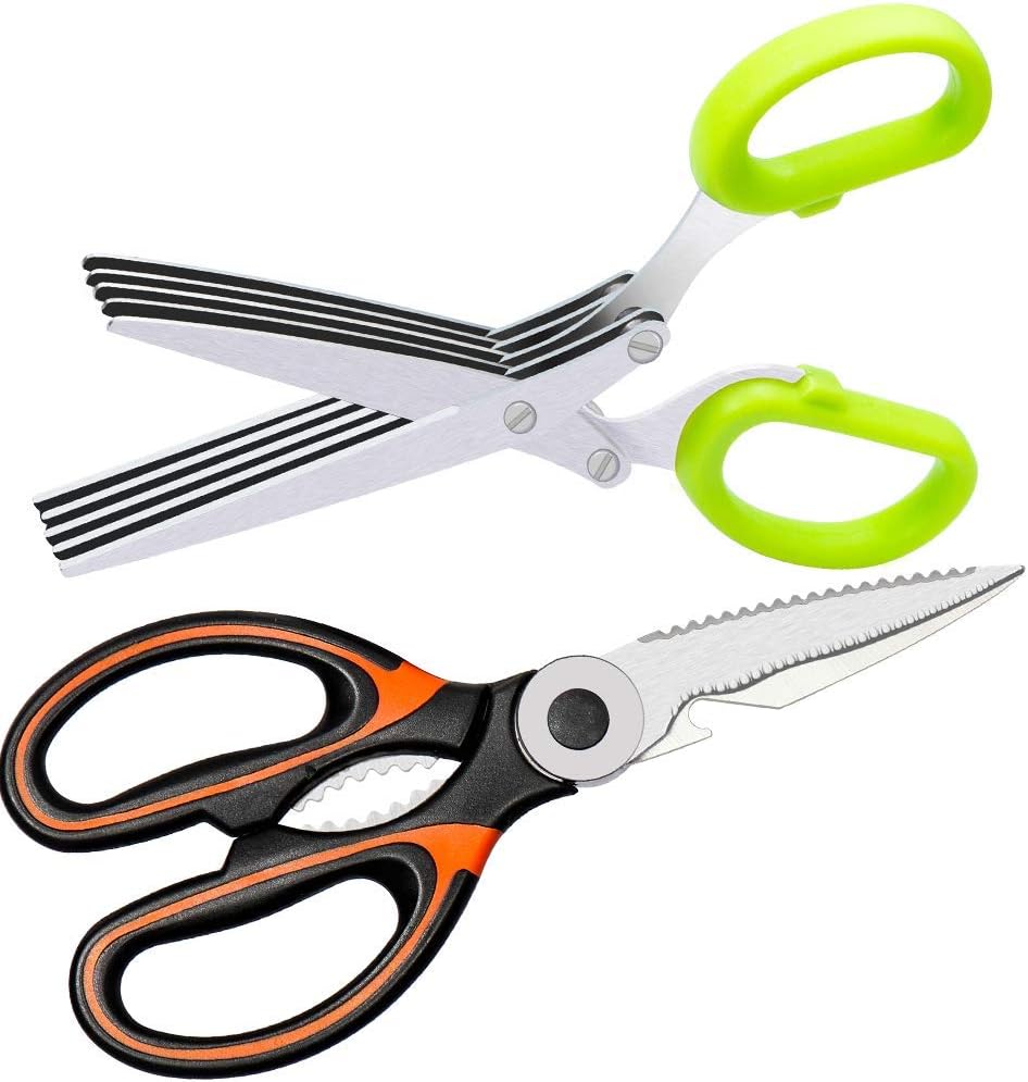 Kitchen Shears and Herb Scissors Set: Food Cooking Scissors Heavy Duty with Cover, 5-Blade Herb Cutter - Best for Cutting Meat, Poultry, Chicken, Salad, by Oojdzoo,Dishwasher Safe