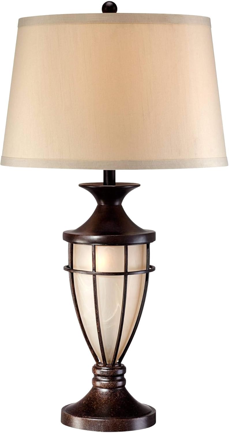 John Timberland Mission Traditional Country Cottage Core Cage 3-Way Table Lamp with Table Top Dimmer Nightstand 33" Tall Iron Champagne Glass Beige Fabric Drum Shade Living Room Bedroom House