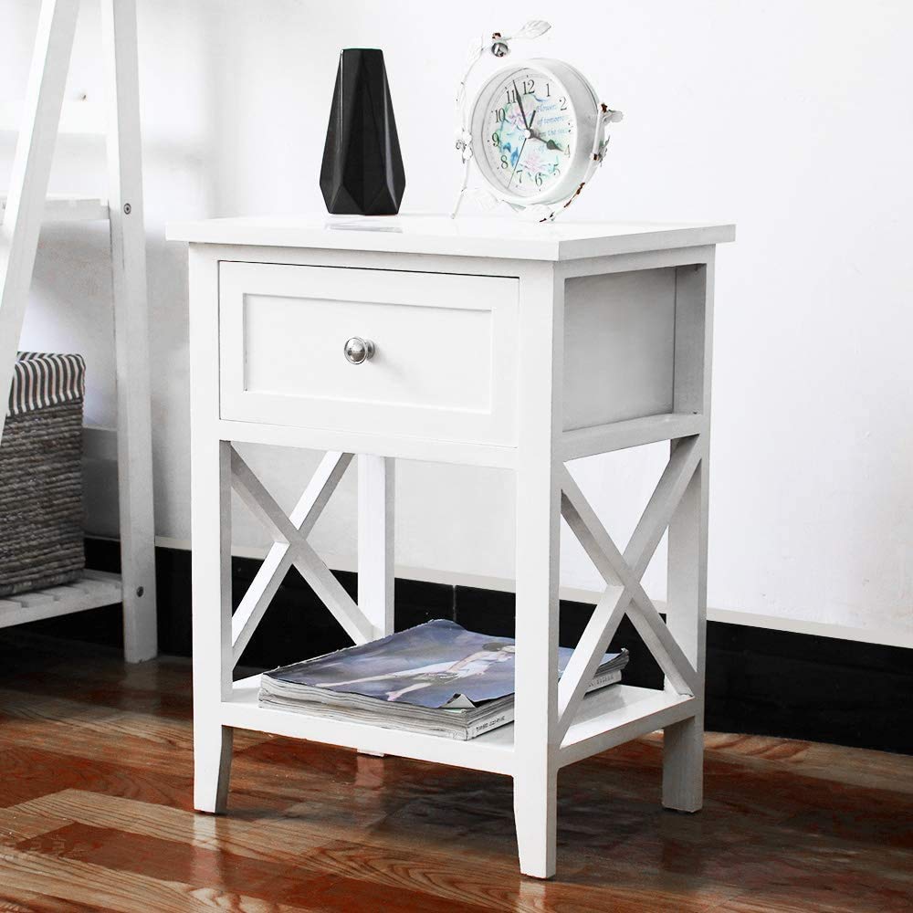 EXQUI Bedside Table with Shelf and Drawer White NightStand for Bedroom Wooden Cabinet Side Table Storage Unit Small Console Table for Living Room, 40x30x52cm, G971W