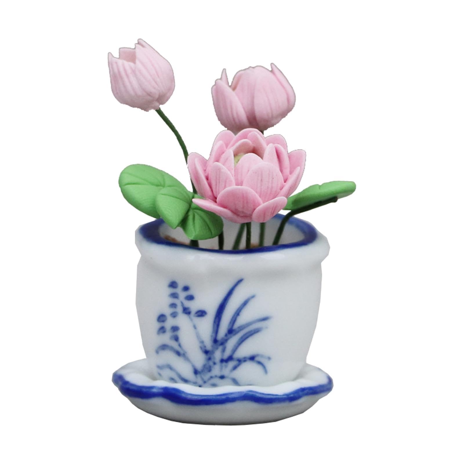 Fonowx Mini Potted Flowers Model 1/12, Lotus Dollhouse for Outdoor Living Room