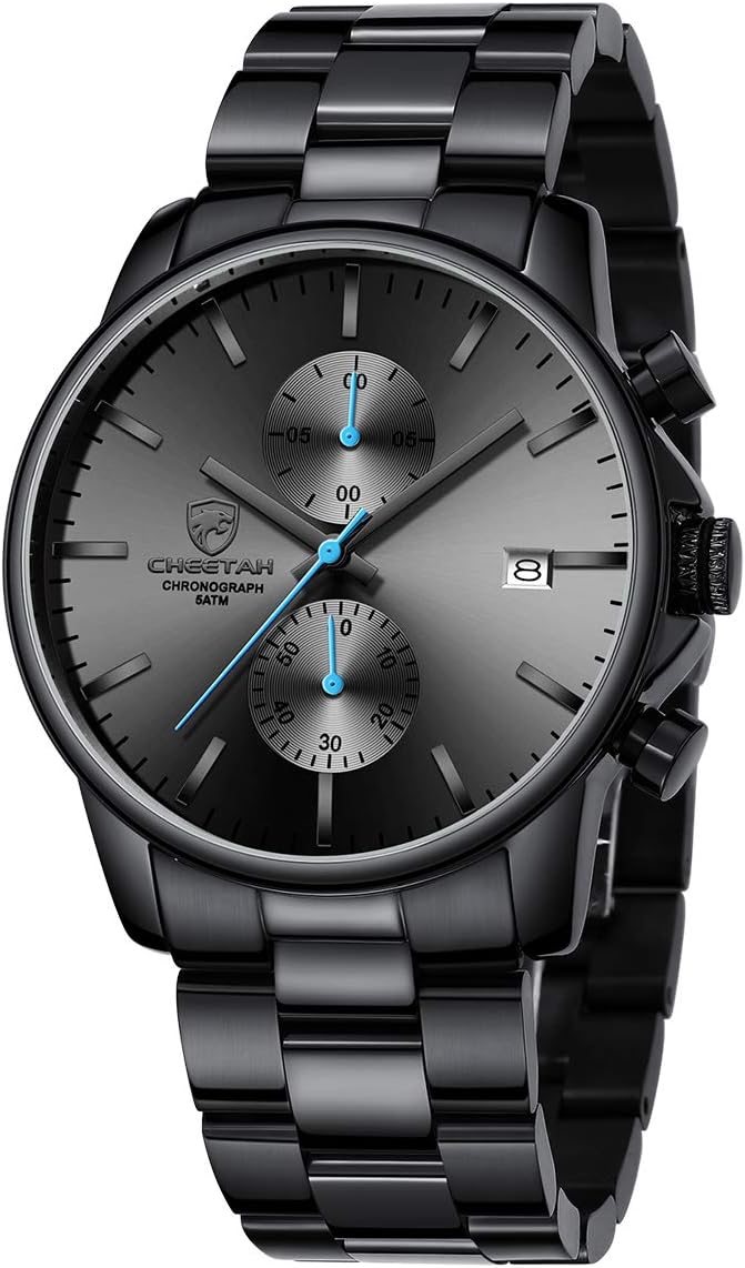 Fashion Business Mens Watches with Stainless Steel Waterproof Chronograph Quartz Watch for Men, Auto Date