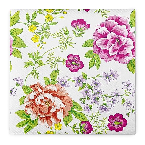 Sovie HOME Serviette ENNA, Linclass Airlaid, 40x40 cm, 1/4 Falz, 12 Stück, Pfingstrosen Design in Rosa Lila Grün für elegante und festliche Tischdekoration