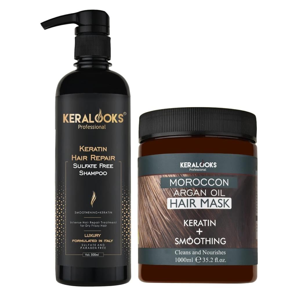 Combo of Keratin Sulfate Free Shampoo 500ml &Moroccon Argan Hair mask 1000ml~ Intense Hair Repair Treatment for Smoothening and Keratin