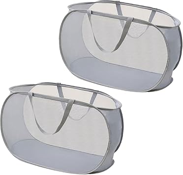2 Piece Popup Mesh Laundry Basket Durable Handles Collapsible Laundry Baskets Folding Clothes Pastic Hamper for Laundry Room College Dorm 2 x Gray