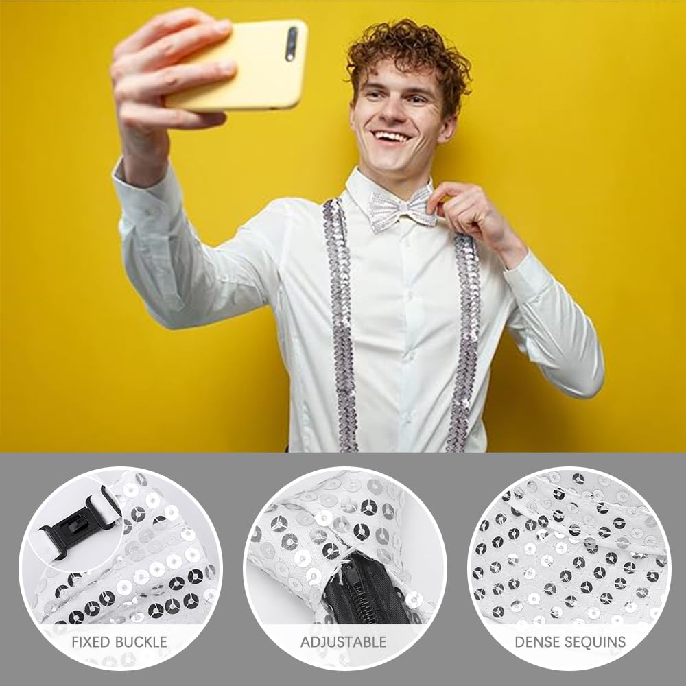TUIBEIDAMAI Glitzer Outfit Herren,Glitzer Kostüm Accessoires Herre,mit Pailletten Hosenträger, Fliege, krawatte,Handschuhe,Pailletten Kostüm für Fasching Party Dance Performance