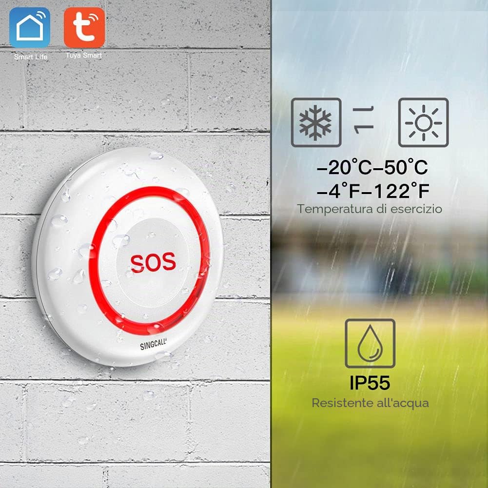 SINGCALL Tuya WiFi Smart SOS Allarme Pulsante di emergenza per il cercapersone disabili System, da Utilizzare con Tuya WiFi, A batteria, Bianco
