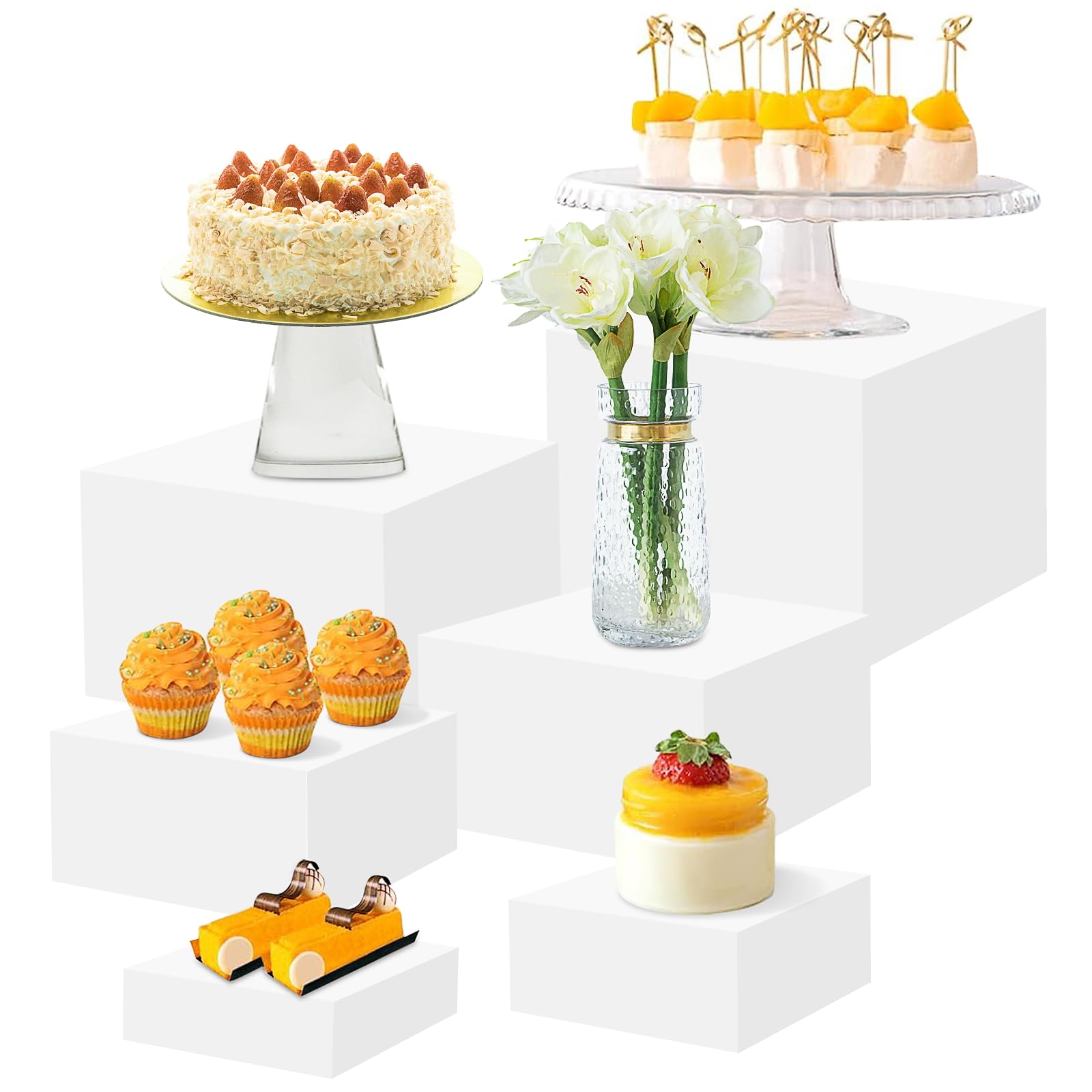 Buffet-Erhöhungen, 6 Maße (7,6 cm + 10,2 cm + 12,7 cm + 15,2 cm + 17,8 cm + 20,3 cm weiße Acryl-Lebensmittelerhöhungen, Desserttisch-Display-Set für Buffettisch, Acryl-Präsentationsständer für