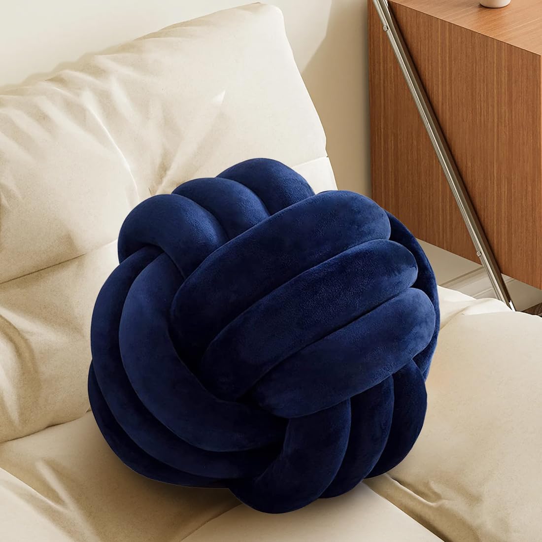 Navy Knot Pillow Ball, Handmade Decorative Throw Pillow, Soft Round Knotted Cushion for Couch & Bedroom, Cute Home Decor, Braided Pillow for Living Room (13.8 Inches)
